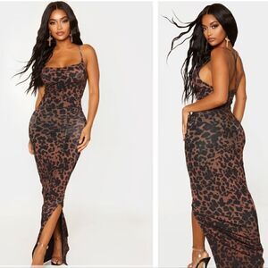 NWOT PrettyLittleThing Shape Brown Leopard Print Slinky Cowl Neck Maxi Dress 6 M